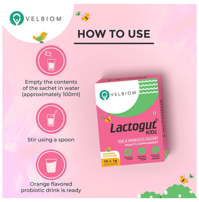 Velbiom Lactogut Kidz Pre & Probiotic Sachet (1gm Each) Orange