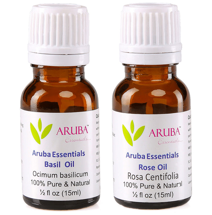 Aruba Essentials Combo Pack of Basil Oil & Rose Oil (15ml Each) - Classic Derma