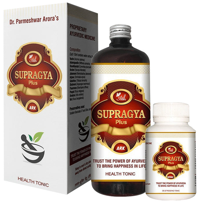 Ath Ayurveda 1 Month Combo Pack of 3 Bottles of Supragya Plus Ark (500ml Each) & Supragya Plus (120 Capsules) - Classic Derma