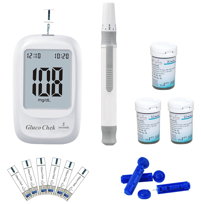 Aspen Gluco Chek Blood Glucose Glucometer Kit with 25 + 100 Strips, 10 Lancets and A Lancing Device Free - Classic Derma