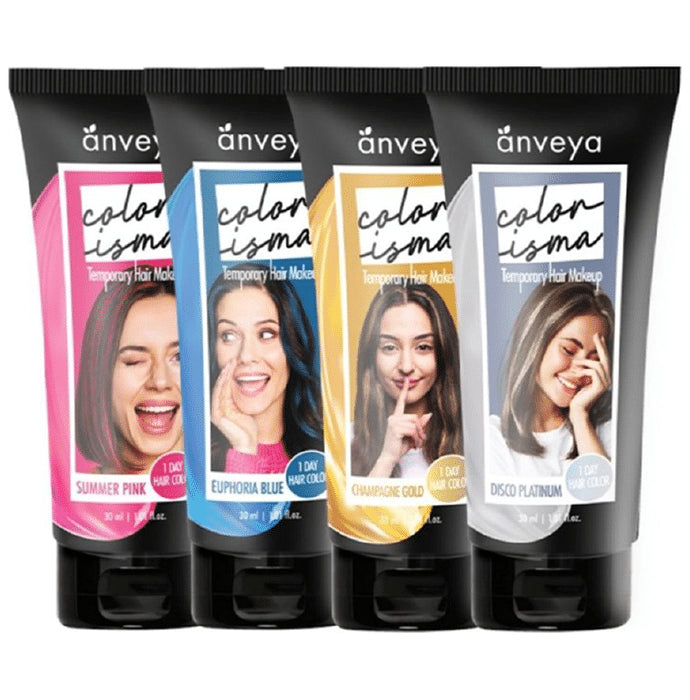 Anveya Colorisma 1 Day Temporary Hair Color (30ml Each) Euphoria Blue, Summer Pink, Champagne Gold & Disco Platinum - Classic Derma