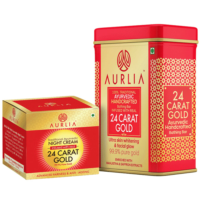Aurlia Combo Pack of 24 Carat Gold Ayurvedic Handcrafted Bathing Bar (100gm) & 24 Carat Gold Ayurvedic Night Cream (30gm) - Classic Derma