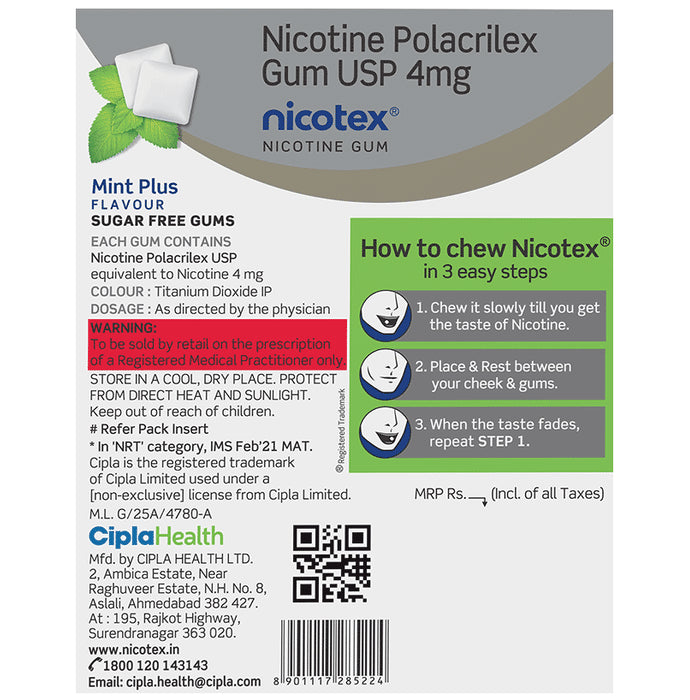 Nicotex Nicotine Sugar Free 4mg Chewing Gums Mint Plus