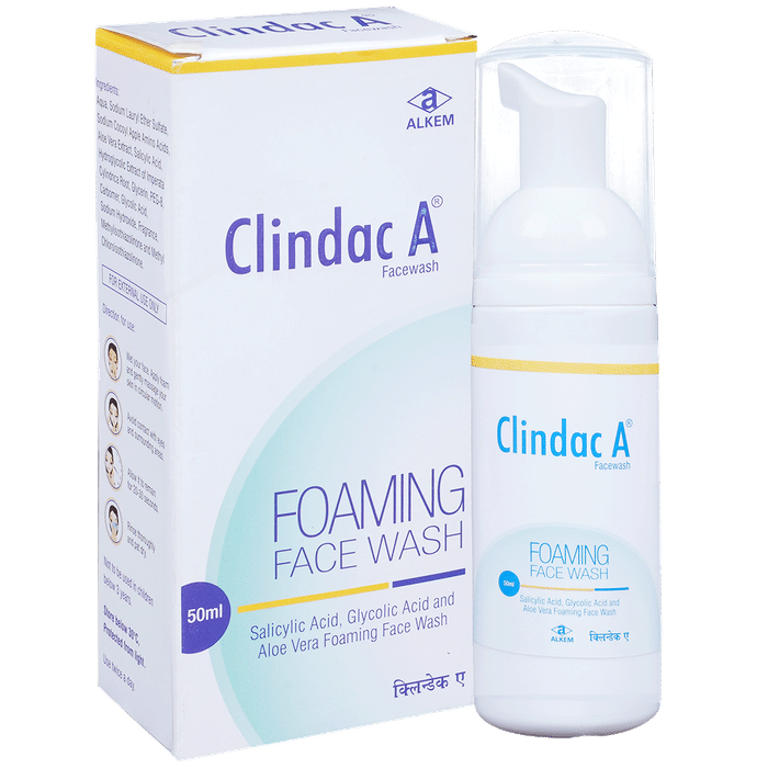 Clindac A Foaming Face Wash with Aloe Vera, Salicylic & Glycolic Acid | For Acne Prone, Dry Skin