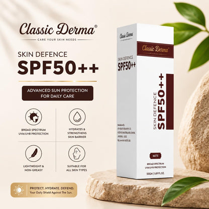 Classic Derma Skin Defence SPF50++ Matte Sunscreen, Niacinamide + Ferulic Defense, Hydra Boost Complex, 50 GM