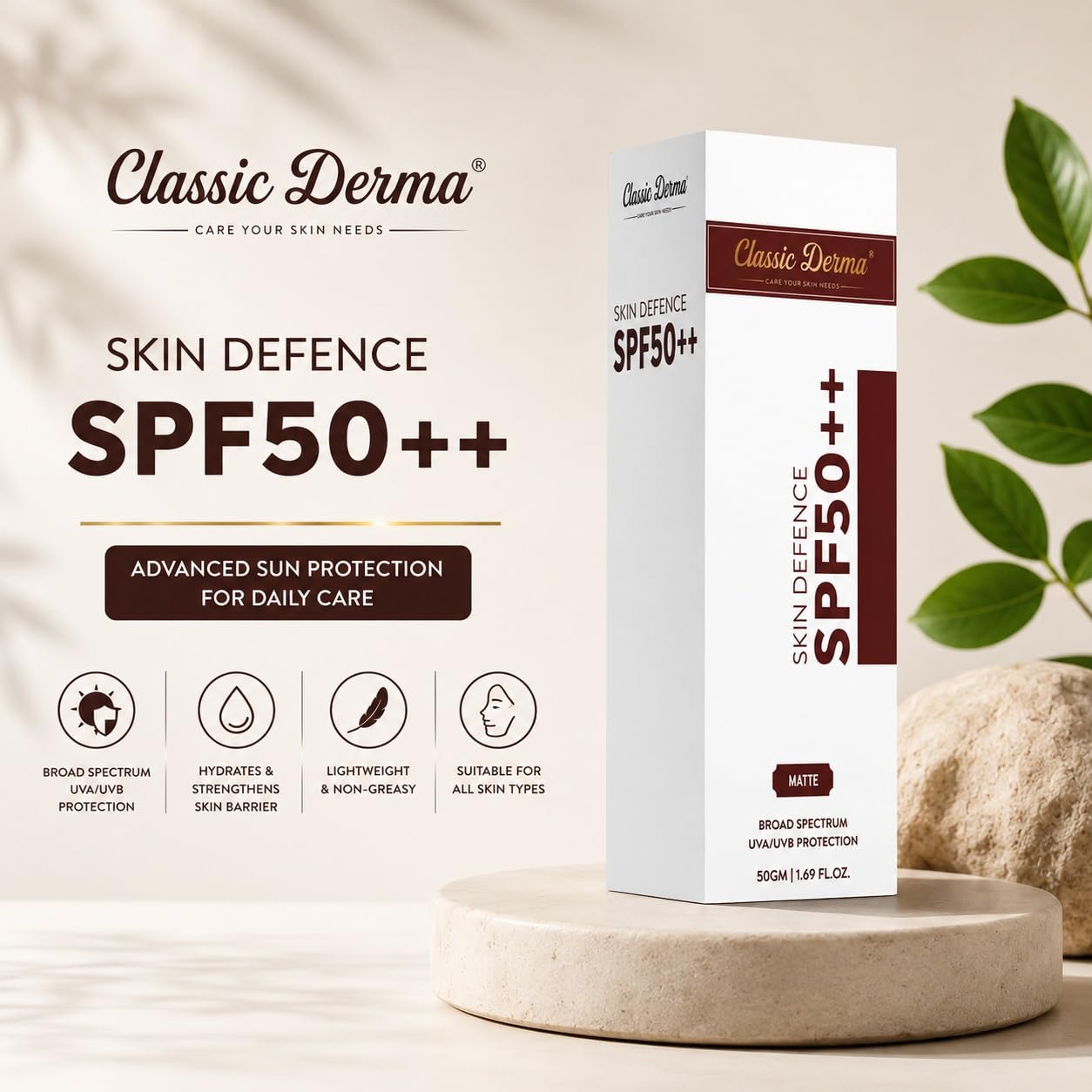 Classic Derma Skin Defence SPF50++ Matte Sunscreen, Niacinamide + Ferulic Defense, Hydra Boost Complex, 50 GM