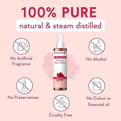 WishCare 100% Pure & Natural Rose Water Liquid - For Skin, Face & Hair - Steam Distilled - Kannauj Gulab Jal - Spray Skin Toner - Free From Paraben, Alcohol & Chemicals - 200 ml