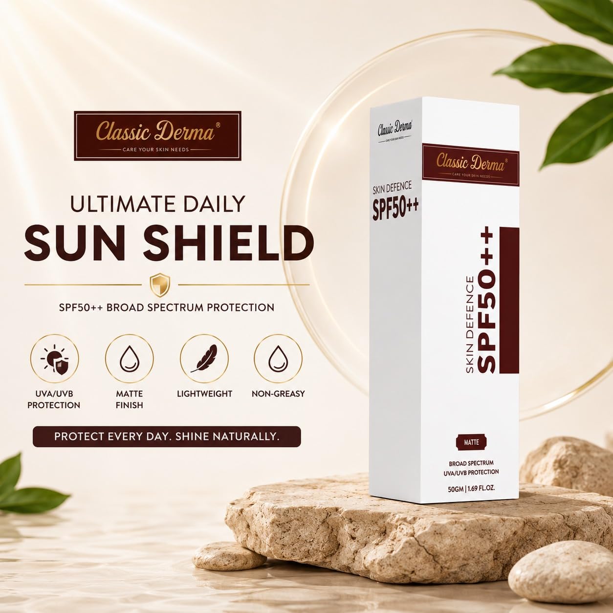 Classic Derma Skin Defence SPF50++ Matte Sunscreen, Niacinamide + Ferulic Defense, Hydra Boost Complex, 50 GM