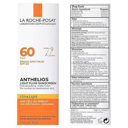 La Roche-Posay Anthelios 60 Ultra Light Sunscreen Fluid For Face, 1.7-Ounce Bottle, Spf, Spf 60, Normal, Sensitive, Combination