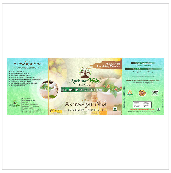 Aachman Veda Ashwagandha Capsule 500mg for Overall Strength (60 Each)