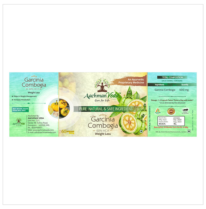 Aachman Veda Garcinia Cambogia 500mg 60% HCA Weight Loss Capsule (60 Each)