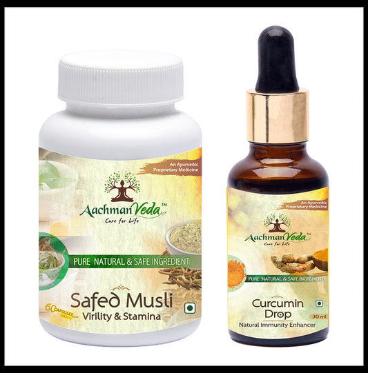 Aachman Veda Safed Musli Virility & Stamina Capsule with Aachman Veda Curcumin Drop 30ml Free - Classic Derma