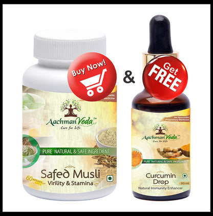 Aachman Veda Safed Musli Virility & Stamina Capsule with Aachman Veda Curcumin Drop 30ml Free