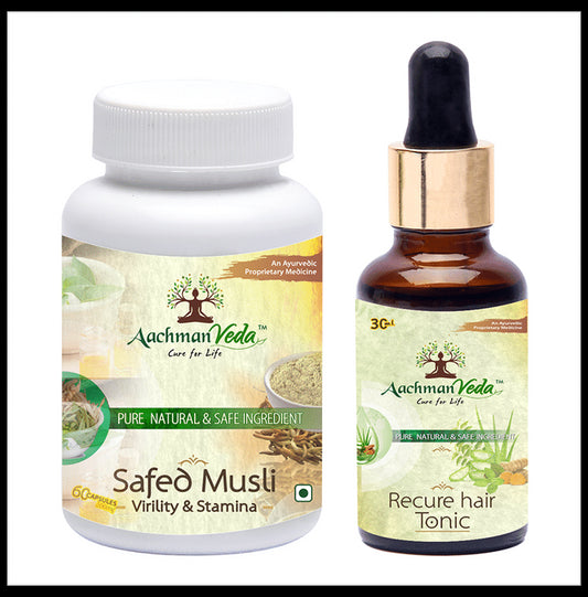 Aachman Veda Safed Musli Virility & Stamina Capsule with Aachman Veda Recure Hair Tonic 30ml Free - Classic Derma