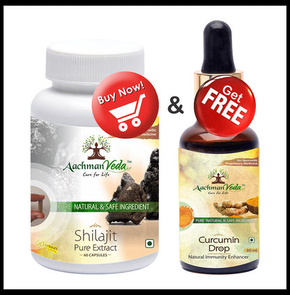 Aachman Veda Shilajit Pure Extract Capsule with Aachman Veda Curcumin Drop 30ml Free