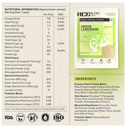Ace Blend Daily 20g Vegan Plant Protein Powder & Superfoods Green Lemonade