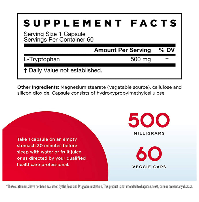 Jarrow Formulas L-Tryptophan 500mg Veggie Caps | Supports Serotonin Production