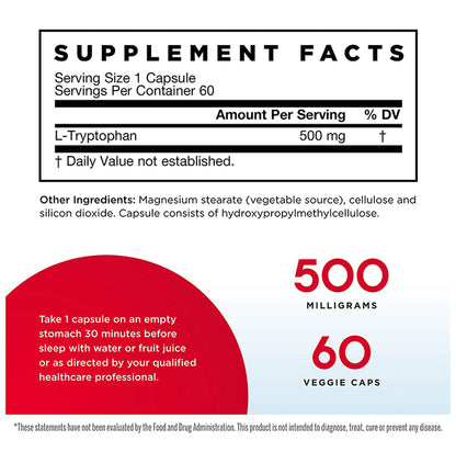 Jarrow Formulas L-Tryptophan 500mg Veggie Caps | Supports Serotonin Production