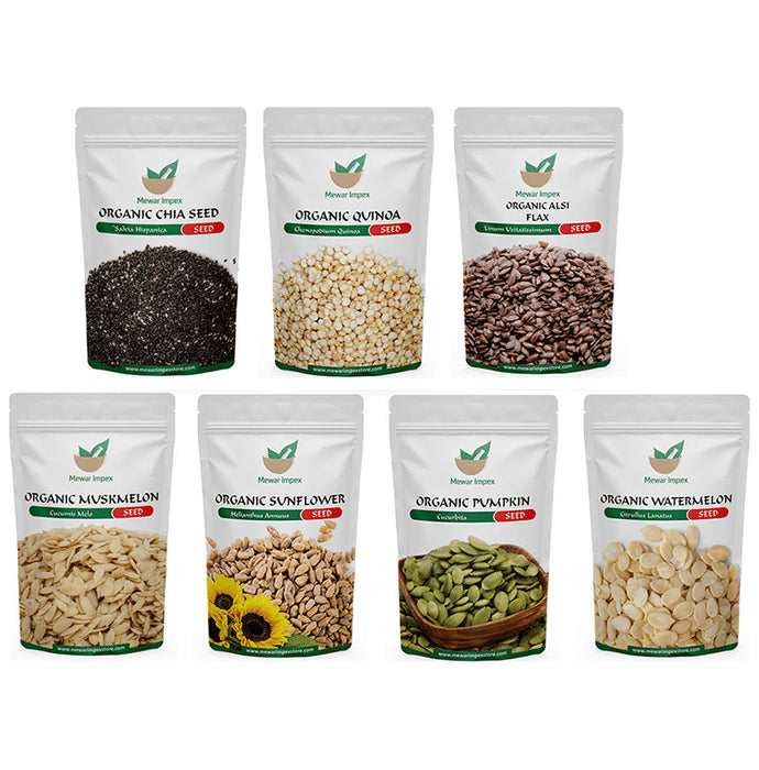 Mewar Impex Combo of 7 Chia, Quinoa, Alsi Flax, Sunflower, Watermelon, Muskmelon & Pumpkin Seeds (100gm Each) - Classic Derma
