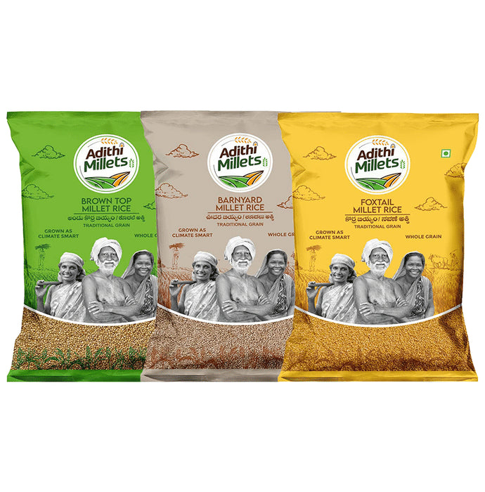 Adithi Millets Combo Pack of BrownTop Millet Rice , Barnyard Millet Rice & Foxtail Millet Rice (500gm Each) - Classic Derma