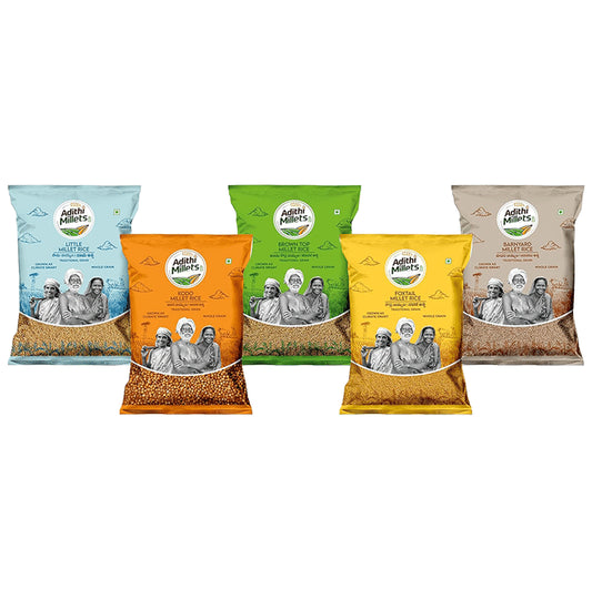 Adithi Millets Combo Pack of BrownTop Millet Rice , Barnyard Millet Rice , Foxtail Millet Rice , Little Millet Rice & Kodo Millets Rice (1kg Each) - Classic Derma