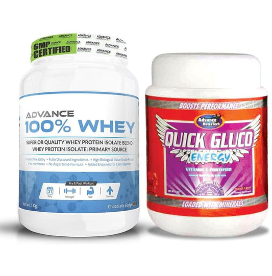 Advance Nutratech Combo of 100% Whey Protein Chocolate 1Kg and Quick Gluco Energy 1kg Orange - Classic Derma