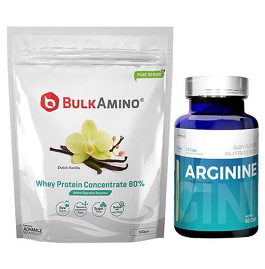 Advance Nutratech Combo of BulkAmino Whey Protein Concentrate 80% Dutch Vanilla 500gm Powder and Arginine Aminos Pre-Workout 60 Capsules - Classic Derma