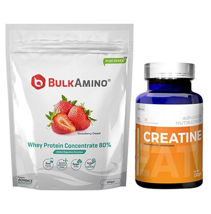 Advance Nutratech Combo of BulkAmino Whey Protein Concentrate 80% Strawberry Cream 500gm Supplement Powder & Creatine Monohydrate Unflavored 100gm - Classic Derma