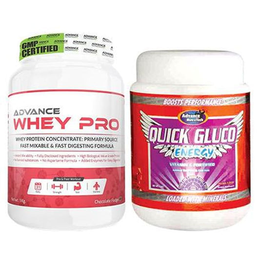 Advance Nutratech Combo of Whey Pro Protein Powder Chocolate 1kg and Quick Gluco Energy Orange 1kg - Classic Derma