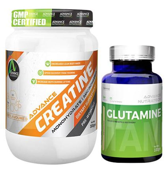 Advance Nutratech Combo Pack of Creatine Monohydrate Unflavored 300gm and Glutamine Supplement Powder Unflavored 100gm - Classic Derma