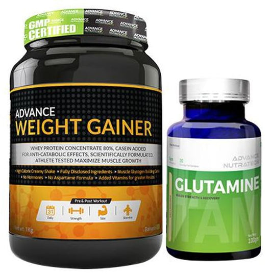 Advance Nutratech Combo Pack of Weight Gainer Banana 1kg Sugar Free and Glutamine Supplement Powder Unflavored 100gm - Classic Derma