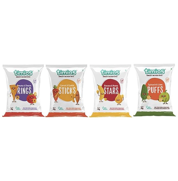 Timios Munchies Combo of 3 Tomato & Cheese Rings, 3 Carrot & Cumin Sticks, 3 Banana & Honey Stars and 3 Spinach & Lime Puffs (30gm Each) - Classic Derma