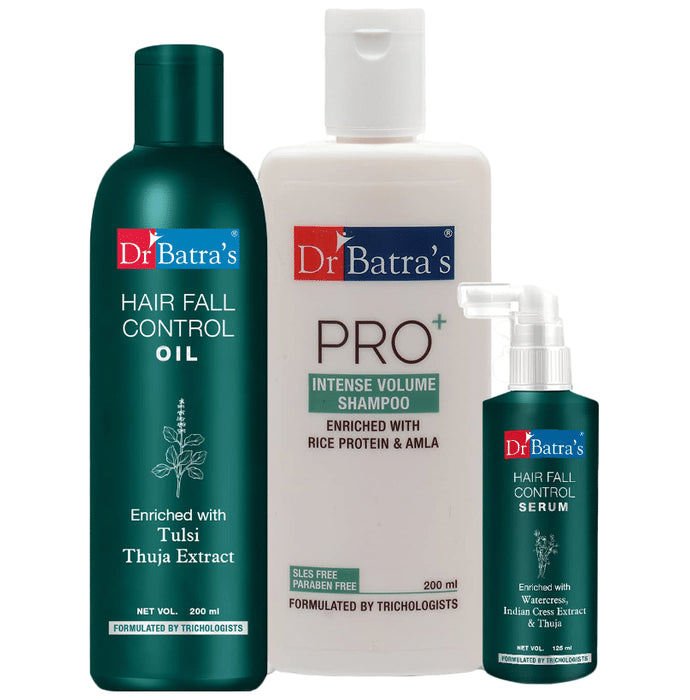 Dr Batra's Combo Pack of Hair Fall Control Serum 125ml, Pro+ Intense Volume Shampoo 200ml and Hair Fall Control Oil 200ml - Classic Derma
