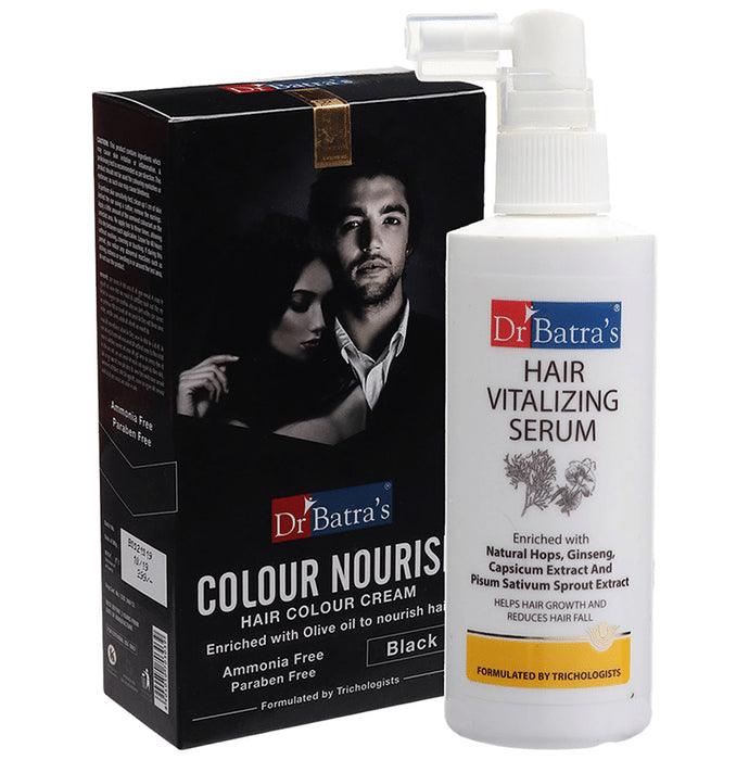 Dr Batra's Combo Pack of Hair Vitalizing Serum 125ml and Colour Nourish Hair Colour Cream 120gm Black - Classic Derma
