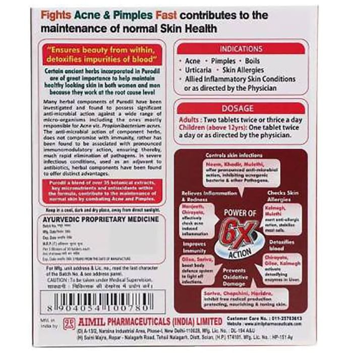 Aimil Purodil Skin Health Tablet | Fights Acne & Pimples | Controls Skin Infections & Allergies