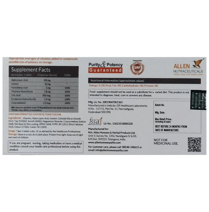 Allen Nutraceutical Vitamins B12 with ALA, Folic Aid & Inositol | For Nervous System, Energy & RBC Production | Tablet