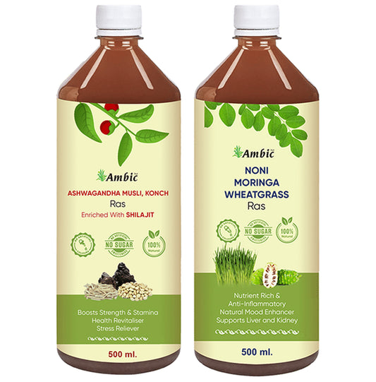 Ambic Combo Pack of Ashwagandha Musli, Konch Ras and Noni Moringa Wheatgrass Ras (500ml Each) - Classic Derma