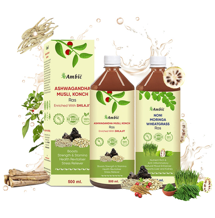 Ambic Combo Pack of Ashwagandha Musli, Konch Ras and Noni Moringa Wheatgrass Ras (500ml Each)