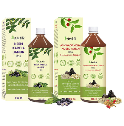 Ambic Combo Pack of Neem Karela Jamun Ras, Ashwagandha Musli and Konch Ras (500ml Each) - Classic Derma