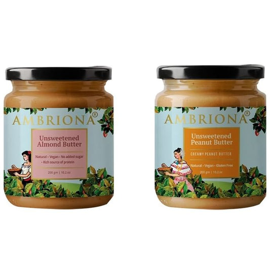 Ambriona Combo Pack of Unsweetened Almond Butter & Unsweetened Peanut Butter (200gm Each) - Classic Derma