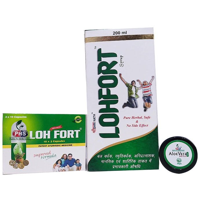 Shri Nath Multivitamin Kit (Lohfort Syrup 200ml and Loh Fort 30 Capsule) with Aloevera 10gm Gel Free - Classic Derma