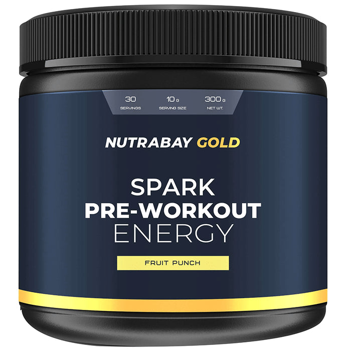 Nutrabay Gold Spark Pre-Workout Energy | Powder for Muscle Pump & Strength | Flavour Fruit Punch - Classic Derma