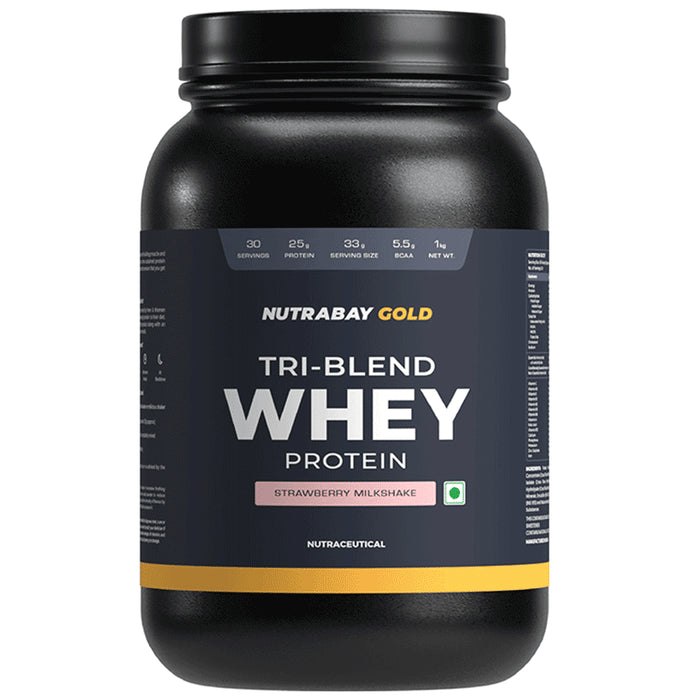 Nutrabay Gold Tri-Blend Whey Protein for Muscle Recovery & Immunity | No Added Sugar | Flavour Strawberry Milkshake - Classic Derma
