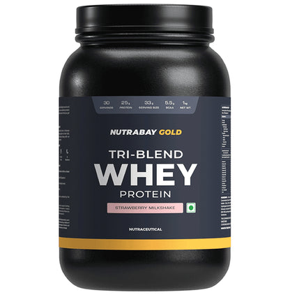 Nutrabay Gold Tri-Blend Whey Protein for Muscle Recovery & Immunity | No Added Sugar | Flavour Strawberry Milkshake - Classic Derma