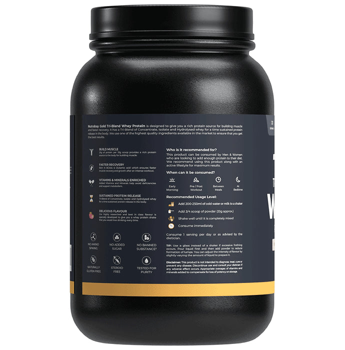 Nutrabay Gold Tri-Blend Whey Protein for Muscle Recovery & Immunity | No Added Sugar | Flavour Strawberry Milkshake