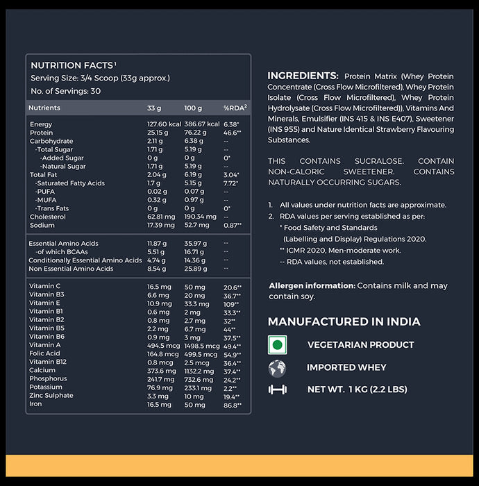 Nutrabay Gold Tri-Blend Whey Protein for Muscle Recovery & Immunity | No Added Sugar | Flavour Strawberry Milkshake