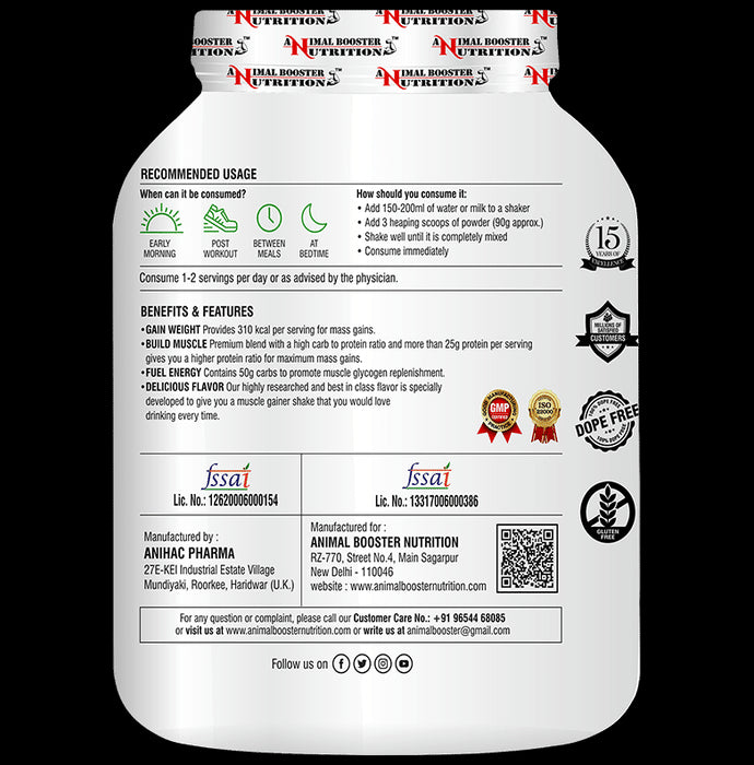 Animal Booster Nutrition Maha Mass for Mass Growth Powder Chocolate with Shaker Free