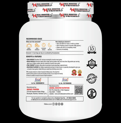 Animal Booster Nutrition Mega Mass Gold for Muscle Growth Powder Chocolate