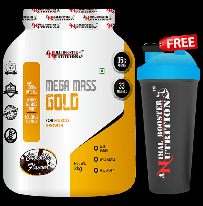Animal Booster Nutrition Mega Mass Gold for Muscle Growth Powder Chocolate with Shaker Free - Classic Derma