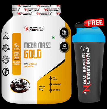 Animal Booster Nutrition Mega Mass Gold for Muscle Growth Powder Chocolate with Shaker Free - Classic Derma